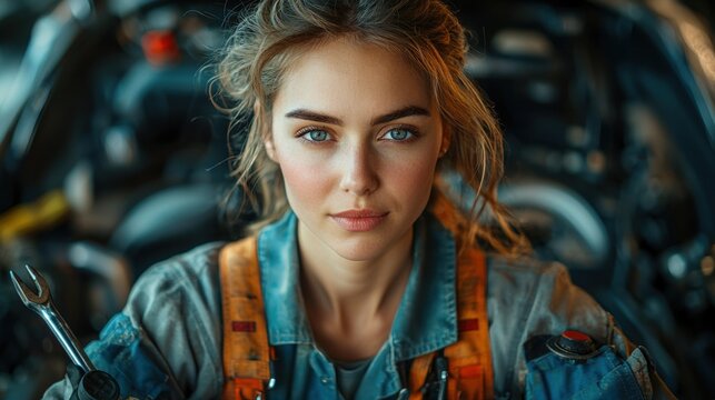 A beautiful young female mechanic with piercing blue eyes holds a wrench and confidently looks at the camera with an engine in the background behind her.