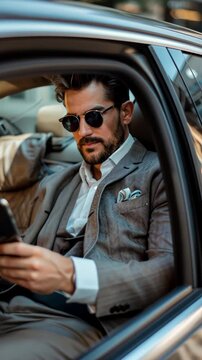 Focused on his work, a young businessman sits in the comfort of a luxury car. While looking out the window, he deftly texts on his smartphone, managing his business on the move.