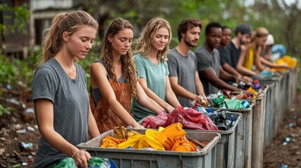 A diverse group of young volunteers diligently sorts colorful plastic waste into large bins du a community cleanup project outdoors on a sunny day, showcasing teamwork.