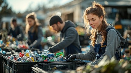 A young woman sorts through recycled materials at a recycling center outdoors, with other workers in the background on a bright sunny day supporting ecology.