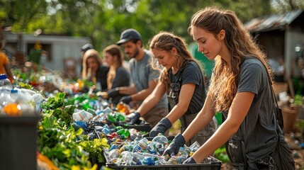 Young volunteers sort through plastic bottles and other recyclables together outdoors, demonstrating teamwork and environmental responsibility, under bright sunlight.
