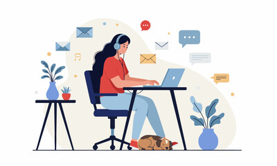 Woman Working Remotely with Communication Icons. Woman with headphones works on a laptop at a desk, surrounded by communication icons, with a lamp, plant, and sleeping dog.