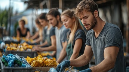 A group of focused volunteers sorts recyclable materials like plastic and paper with great care at an outdoor recycling center on a sunny day in summer.