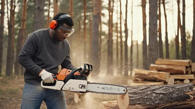 Lumberjack using chainsaw to cut wood outdoors in a forest setting