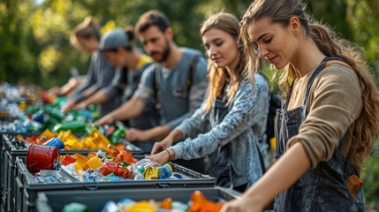 Volunteers sort plastic recycling together outdoors, a group of young adults working as a team to protect the environment and promote sustainable living initiatives.