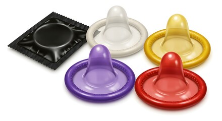 Colorful Condoms and Black Foil Wrapper. Demonstration of contraceptive use and the concept of safe, protected sex.