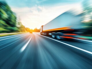 Blurred motion shot of a semi-truck speeding down highway during sunset; long exposure, transportation concept, logistics, road trip, travel