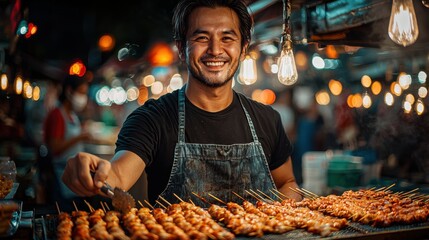 A cheerful asian man wea an apron is smiling while he prepares chicken skewers at an outdoor food market at night, with lights illuminating the scene.
