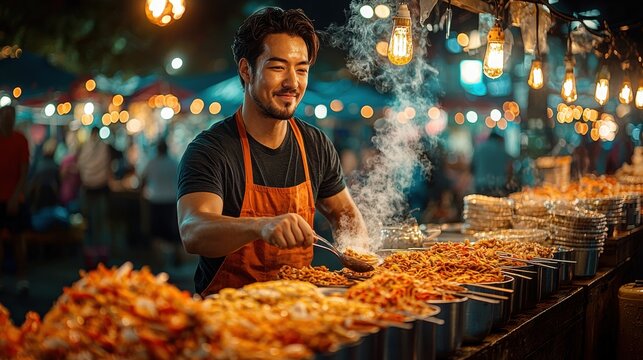 At a vibrant outdoor night market, a cheerful Asian food vendor skillfully prepares steaming noodles at his food stall, smiling as he engages with potential customers.
