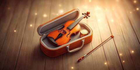 Naklejka premium A violin resting in its case on a wooden surface.