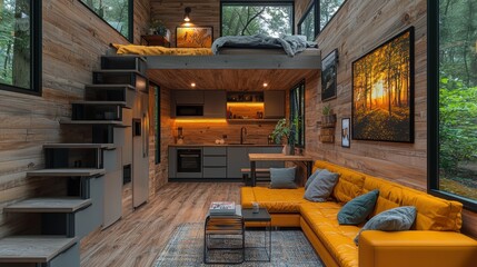Modern tiny house interior showcasing living space with mustard-colored sofa, kitchen, stairs to loft bed, and wooden walls surrounded by nature in a forest setting.