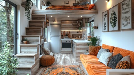 The cozy interior of a tiny house features wooden stairs leading to a loft bedroom with an orange comforter and a small kitchen next to the living area.