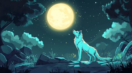 Wolf howling at full moon illustration