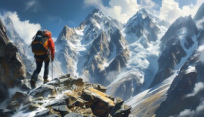 Fearless climber reaching for the sky, epic journey through majestic snow-covered mountains
