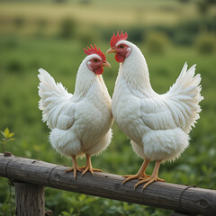 Fototapeta premium Two White Chickens Standing on a Wooden Rail in a Green Field