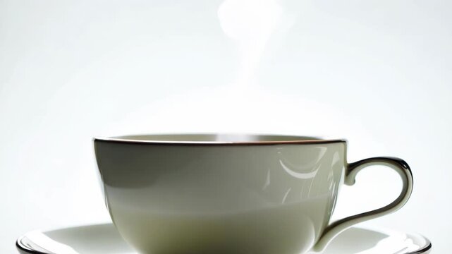 An elegant white porcelain tea cup with a black handle in the center of a matching saucer on a white background. A minimalist presentation of fine dinnerware with a clean aesthetic and copy space.