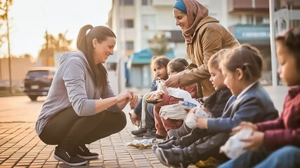 Women offer wrapped food to street children and orphans seated in a line on an urban pavement at dusk