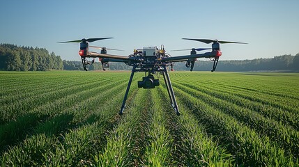 An advanced agricultural drone with a camera system flies over a vibrant green field on a sunny day, surveying the crop health and collecting data for analysis.
