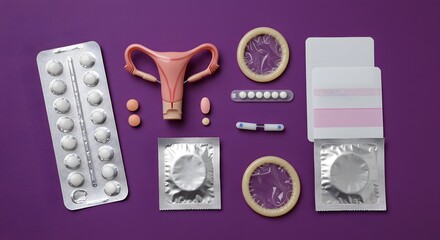 Birth Control Options: Contraceptive Pills, Condoms, IUD Model on Purple Background. Demonstration of contraceptive use and the concept of safe, protected sex.