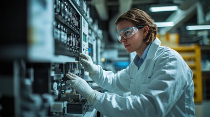 Female engineer in safety glasses adjusts settings on complex machinery within a modern industrial factory laboratory for research and development projects.