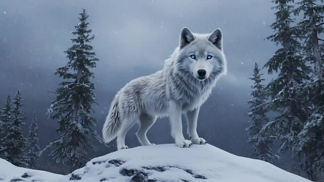 Majestic white wolf stands proudly on snowy hill in winter wilderness scene