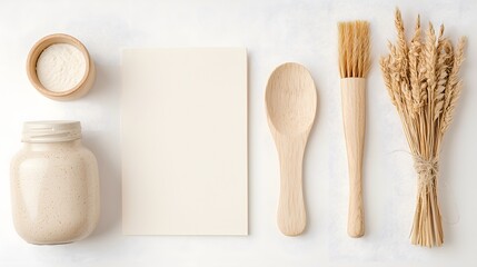 Overhead View of a Recipe Card Mockup with Wooden Utensils and Wheat