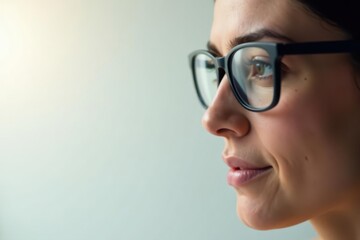 Fototapeta premium A young woman wearing glasses gazes thoughtfully into the distance, her expression serene and contemplative, suggesting deep thought and introspection.