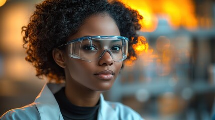 A focused African American female scientist wea safety glasses stands confidently in her laboratory surrounded by blurred scientific equipment and warm lighting.