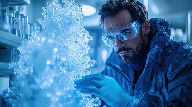 Intrigued male scientist in protective gear carefully examines a complex ice crystal formation in a brightly lit and sterile research laboratory setting closely.