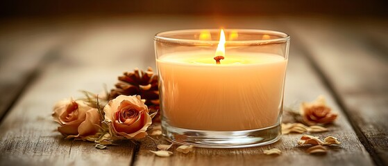 Warm glow of a candle surrounded by autumnal elements.