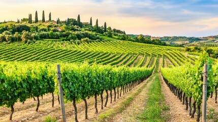 Tuscan Vineyard Landscape at Sunset