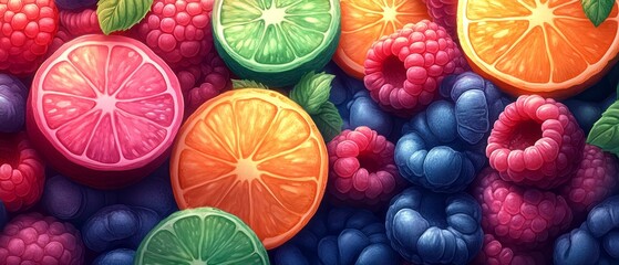Colorful fruit slices and berries in a vibrant display.