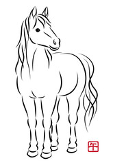 美しい白馬の立ち姿のイラスト 墨絵風でお洒落な午年の年賀状素材 