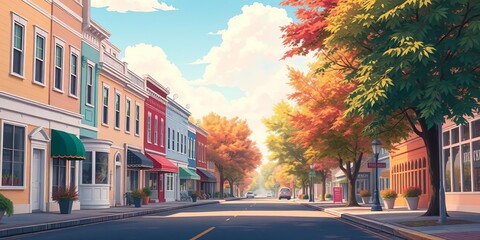 Obraz premium Peaceful Kentucky street, soft pastel anime style, colorful buildings, vibrant trees, idyllic scene, rural, town