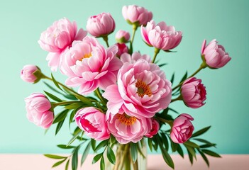 Obraz premium Pink peonies in vase, elegant floral table setting on mint background, vase, beautiful flowers