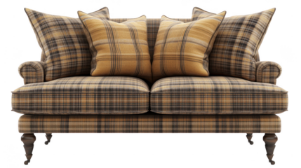 Elegant Loveseat with Plaid Pattern in PNG transparent background style