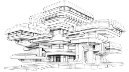 A detailed line-drawn architectural blueprint of a futuristic multi-level building characterized by a complex interconnected network of floors balconies and supporting structures