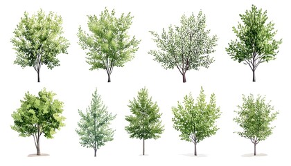 Fototapeta premium A digital illustration of eight different trees with green leaves, branches, and trunks on a white background