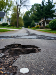 Dangerous pothole on american road surface. Ruined driveway in urgent need of repair