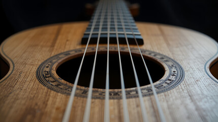 Fototapeta premium Wooden stringed instrument, close-up view. Intricate fretboard and strings