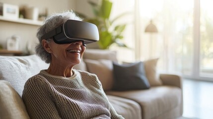 An elderly woman sits on her couch at home while using a virtual reality headset and smiling as she experiences the immersive digital world before her eyes.