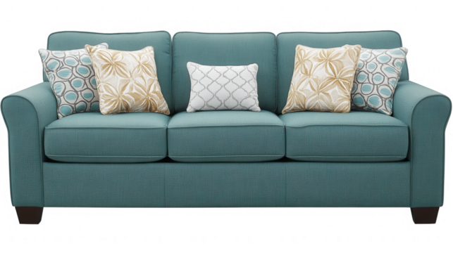 Stylish Turquoise Sofa with Decorative Pillows on PNG transparent background - Powered by Adobe