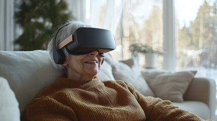 A cheerful elderly woman enjoys a virtual reality experience with a VR headset and headphones while relaxing on her couch in a bright and modern living room.