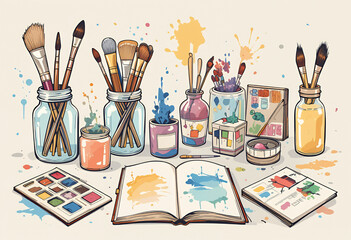 Creative vector collection of painting materials, outlined style with pastel colors, brushes in jars, watercolor palettes, open sketchbooks, paint splatters, perfect for art-themed projects