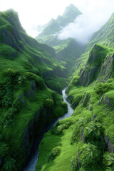Lush green mountain valley with winding river and misty peaks creating peaceful and dreamlike atmosphere