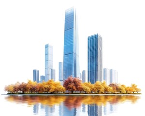 Obraz premium A modern cityscape with tall skyscrapers reflected in a calm body of water, surrounded by autumn trees