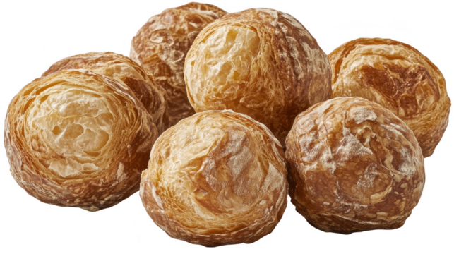 Golden baked morning buns with a flaky crust on a PNG transparent background