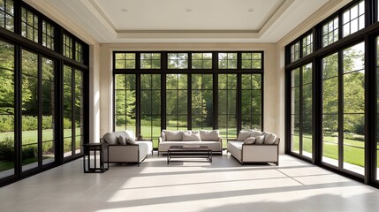 Fototapeta premium A modern living space with floor-to-ceiling windows showcasing a lush green outdoor landscape