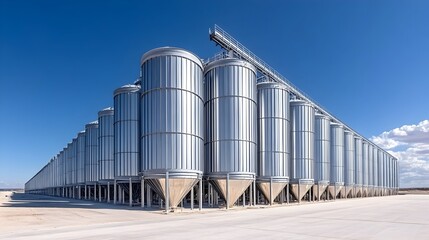 Obraz premium A row of large, cylindrical, silver silos stand on a concrete pad in a field against a blue sky with white clouds