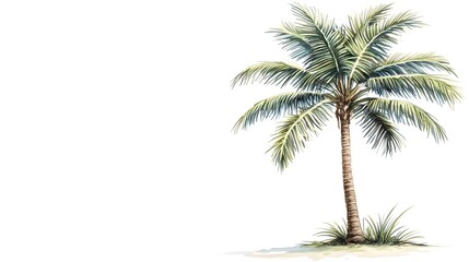 Obraz premium A single palm tree with green leaves and a brown trunk stands against a white background